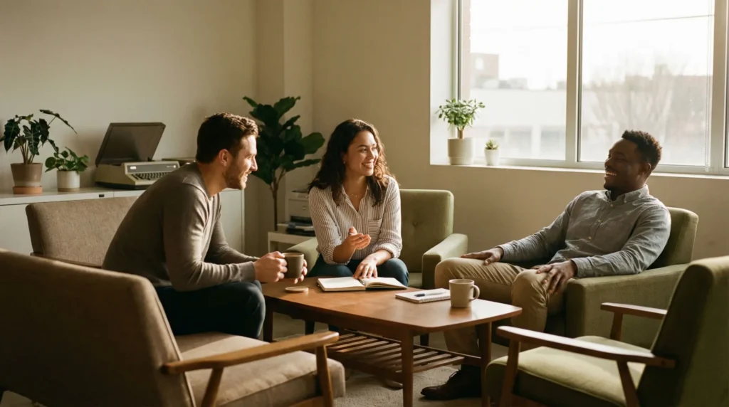 Gruppo di colleghi che conversa serenamente in un'area relax luminosa, simbolo di supporto psicologico e prevenzione dei rischi psicosociali e dello stress lavoro-correlato con Mentera a Brescia.